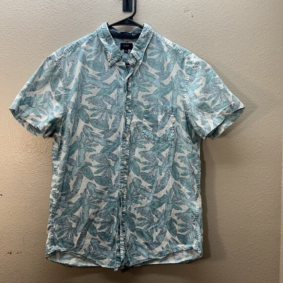 J Crew Flex Washed Shirt Large Slim Fit Blue Tropical Palm Leaves Short Sleeve - Picture 1 of 4